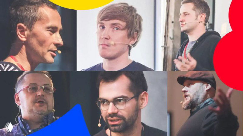 Коллаж с портретами выступающих на лекциях по брендингу: мужчины у микрофонов, сцена и фрагменты слайдов.