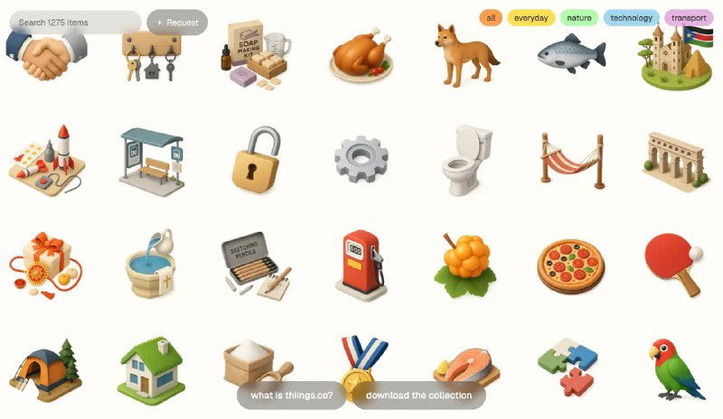 Превью коллекции The Thiings: сет скевоморфных иконок — предметы и интерфейсные символы на светлом фоне.