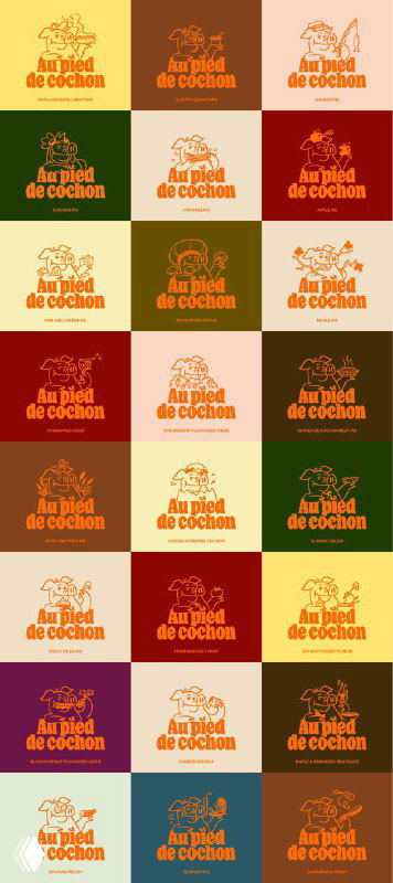 Сетка вариантов логотипа и иконки свиньи в разных цветовых сочетаниях — оранжевые, коричневые, бежевые и зелёные тона для исследования палитры.