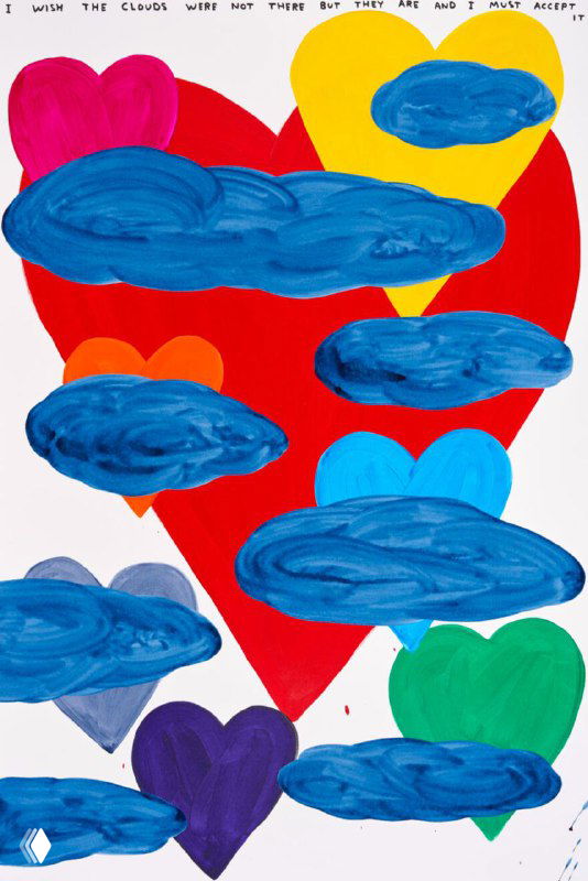 Иллюстрация в стиле Дэвида Шригли: большое красное сердце, несколько цветных сердец и сглаженные синие облака — наивный стиль.
