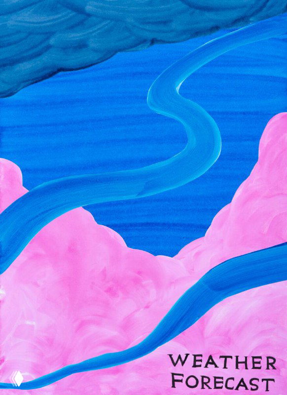 Яркая сцена с глубоким синим фоном, розовыми облаками и извивающимися голубыми линиями — минималистичная картина в наивном ключе.