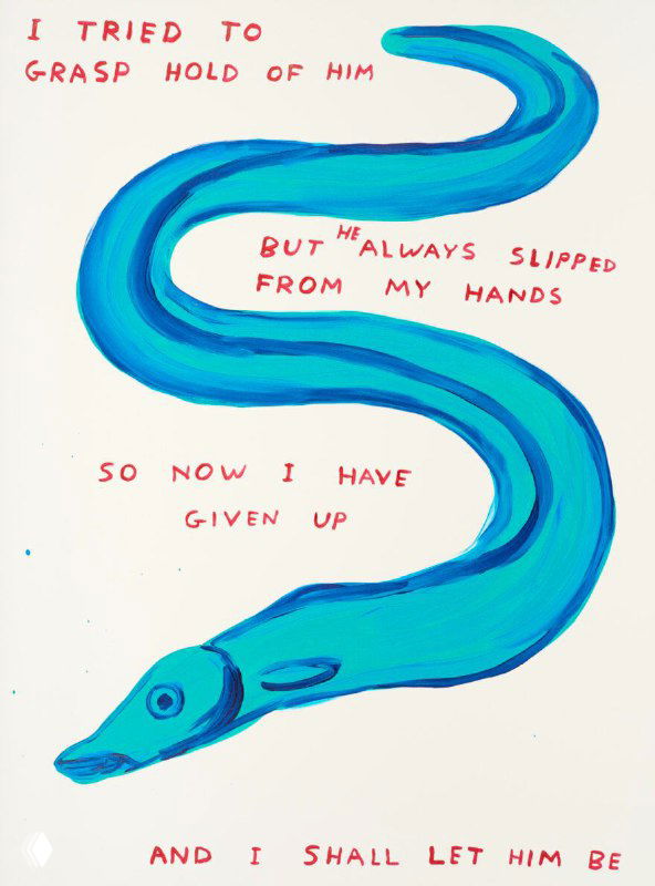 Сине-зелёный змееобразный силуэт на белом фоне с рукописным текстом — пример лаконичных и немного ироничных работ Дэвида Шригли.