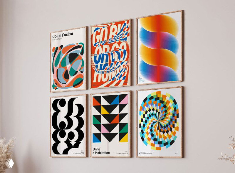 Стенд с девятью плакатами: контрастные геометрические узоры и насыщенные цвета, представленные в одинаковых рамках на светлой стене.