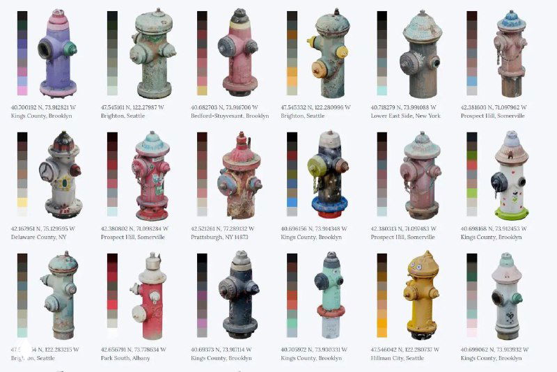 Коллаж фотографий разноцветных уличных пожарных гидрантов из США с цифровыми палитрами рядом с каждым образцом, крупный план.