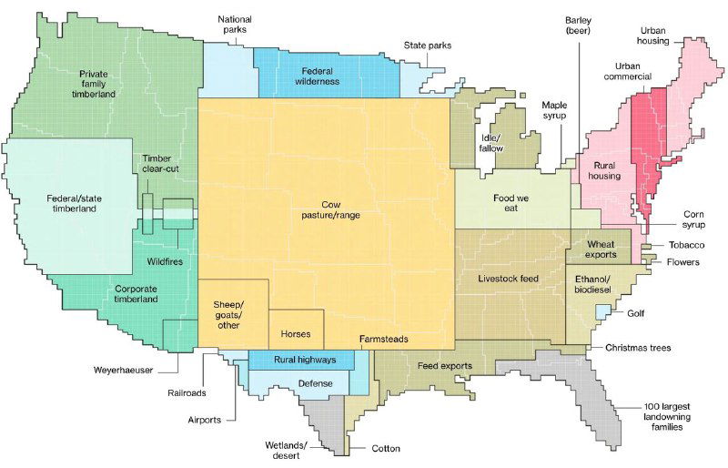 Интерактивная карта США от Bloomberg с цветовой схемой типов землепользования: сельхоз, леса, пастбища, городские зоны и водные объекты.