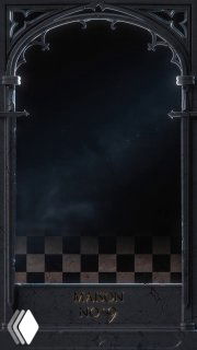 Тёмный декоративный арочный кадр с шахматной плиткой и надписью «MAISON NO 9» — фрагмент анимированной рекламной заставки вина с атмосферой средневековой иконописи.