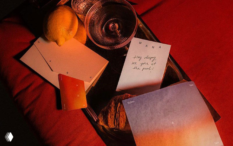 Фото айдентики Mana: несколько бумажных макетов, открытки и карточки на тёмном фоне с тёплыми оранжево-красными градиентами света.