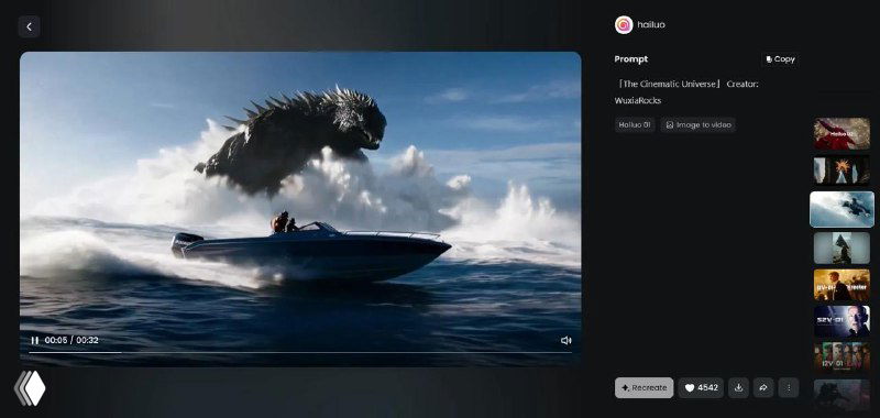 Превью сгенерированного ролика: моторная лодка на волнах и крупное фантастическое существо над водой, реалистичное освещение.