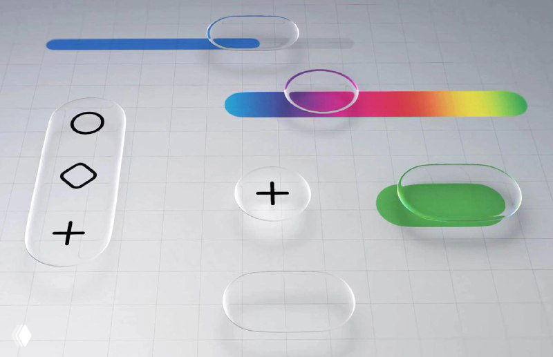 Рендер интерфейсных элементов в стиле Liquid Glass: прозрачные «стеклянные» кнопки, ползунки и цветовые акценты на светлой сетке экрана, демонстрация концепта UI.