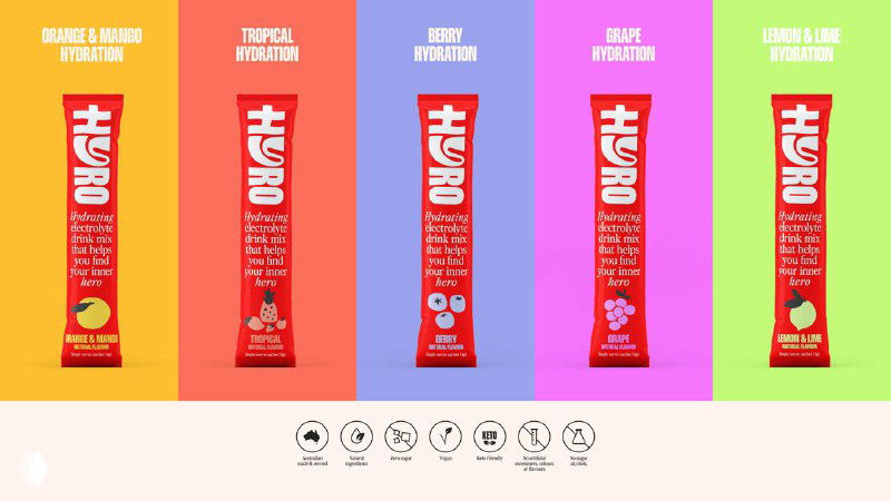 Ряд саше Hyro на разноцветных вертикальных фонах: пять вариантов вкусов представлены в ярких градиентах, подчеркивая вариативность линейки упаковки.