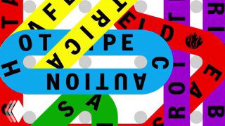 Яркая анимированная типографская композиция с переплетёнными разноцветными лентами и большими буквами проекта Hot Type, динамичная графика.