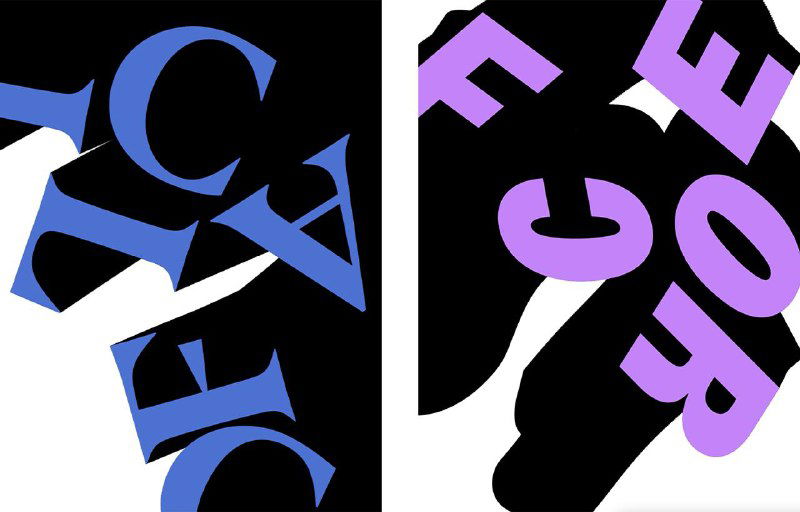 Чёрно-тёмная графическая картина с крупными синими и сиреневыми буквами на контрастном фоне, фрагмент анимации типографики Hot Type.