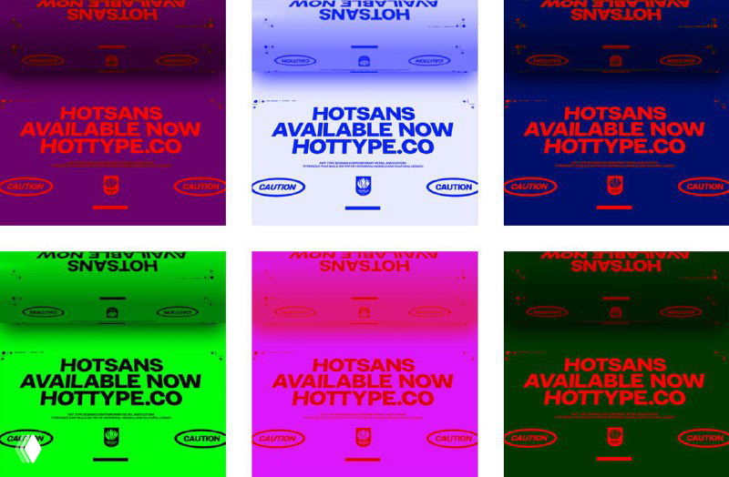 Сетка промо-постеров с надписью «HOTSANS AVAILABLE NOW» в неоновых цветах, варианты оформления и цветовые эксперименты проекта Hot Type.