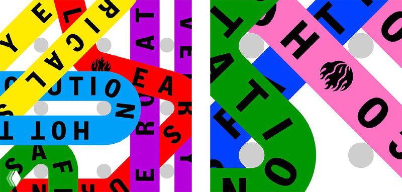 Две зеркальные колонки с цветными лентами и буквами, архитектурная и зеркальная типографская композиция в проекте Hot Type.