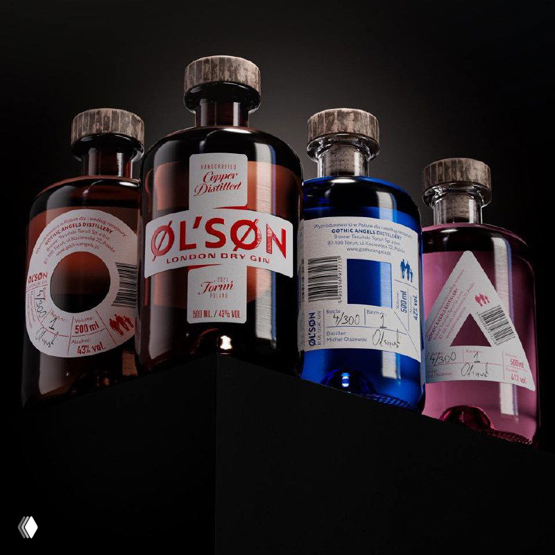 Четыре бутылки джина Ol’son на тёмном фоне с разными нестандартными утилитарными этикетками, отсылающими к игровым символам и форме.