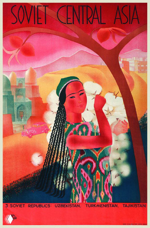 Яркий туристический плакат Интурист: стилизованное изображение женщины в национальном платье на фоне восточного города и гор, декоративные цвета.