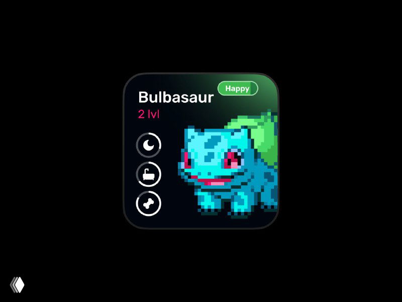 Пиксельный икон‑виджет с изображением Бульбасаура (Bulbasaur) в квадратном стиле, яркий игровой дизайн для iOS‑виджета с пиксельной графикой.
