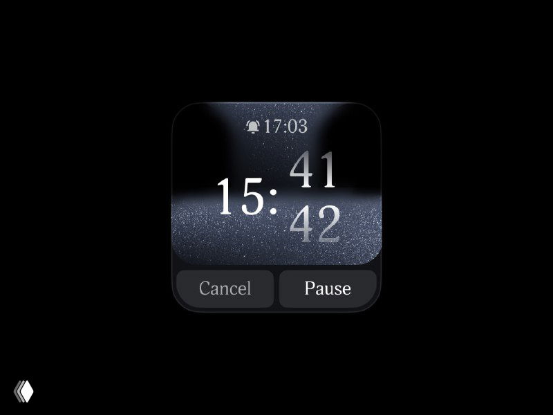 Квадратный виджет‑таймер с крупными цифровыми цифрами и полу‑прозрачным фоновым эффектом, интерфейс с кнопками Cancel и Pause в минималистичном стиле.