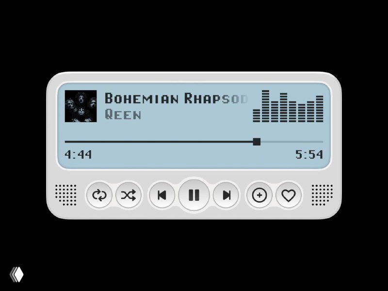 Ретро‑медиаплеер в виде iOS‑виджета с полосой прогресса, кнопками управления и компактной обложкой, оформление в светло‑голубых тонах.