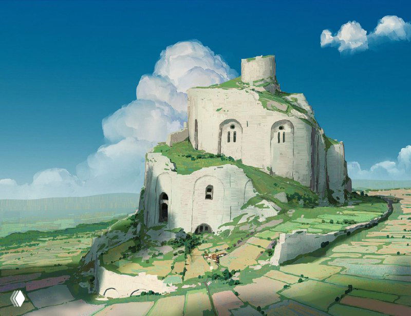 Иллюстрация Alariko: светлый каменный замок на холме с зелёными террасами, объёмными белыми облаками и широким небом — атмосферная деталь.