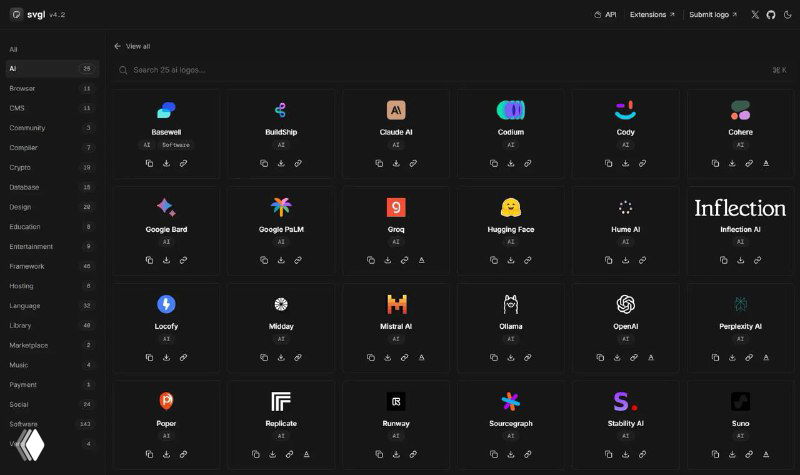 Скриншот интерфейса библиотеки SVGL: тёмная сетка миниатюр логотипов цифровых продуктов, стартапов и фреймворков на тёмном фоне