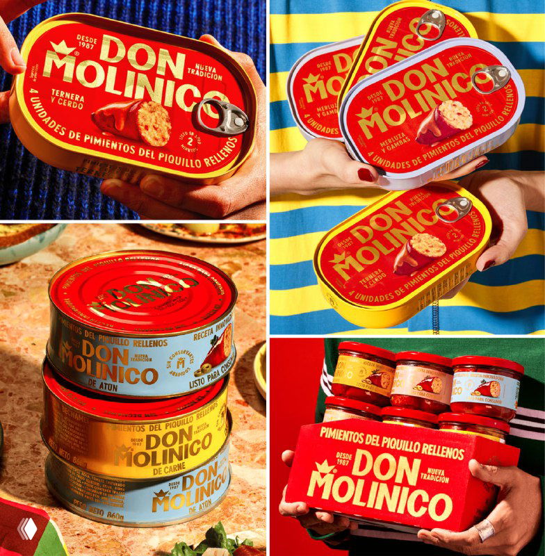 Коллаж упаковки Don Molinico: красные жестяные банки с яркими этикетками в псевдовинтажном стиле, украшенные золотой типографикой и натуральной палитрой.