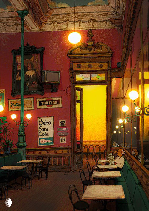 Иллюстрация Alariko: уютное тёплое кафе с пустыми столиками, жёлтым светом ламп и богатыми текстурами стен в ретро-стилистике, атмосферная сцена.