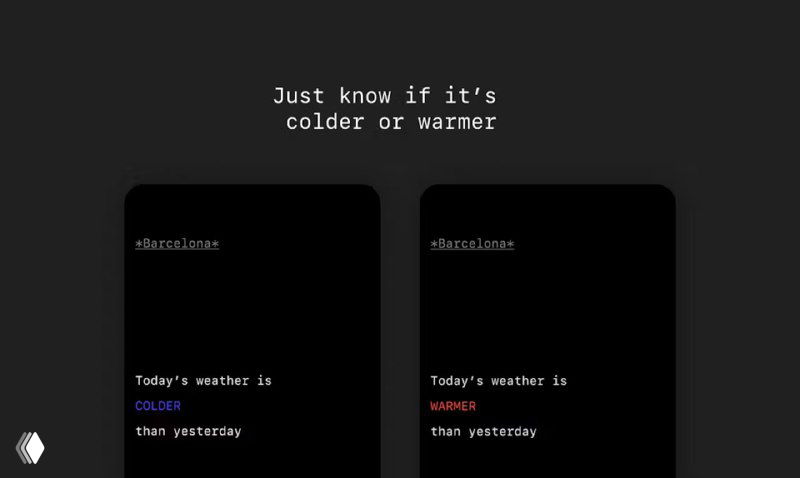 Скриншот интерфейса приложения Lazy: два тёмных панельных экрана с сообщениями «сегодня холоднее/теплее», минималистичный дизайн и подсказки для виджета.