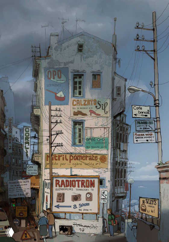 Иллюстрация Alariko: фасад высокого здания с рекламными плакатами и витринами, густая атмосферная гамма и мелкие архитектурные детали в городской сцене.