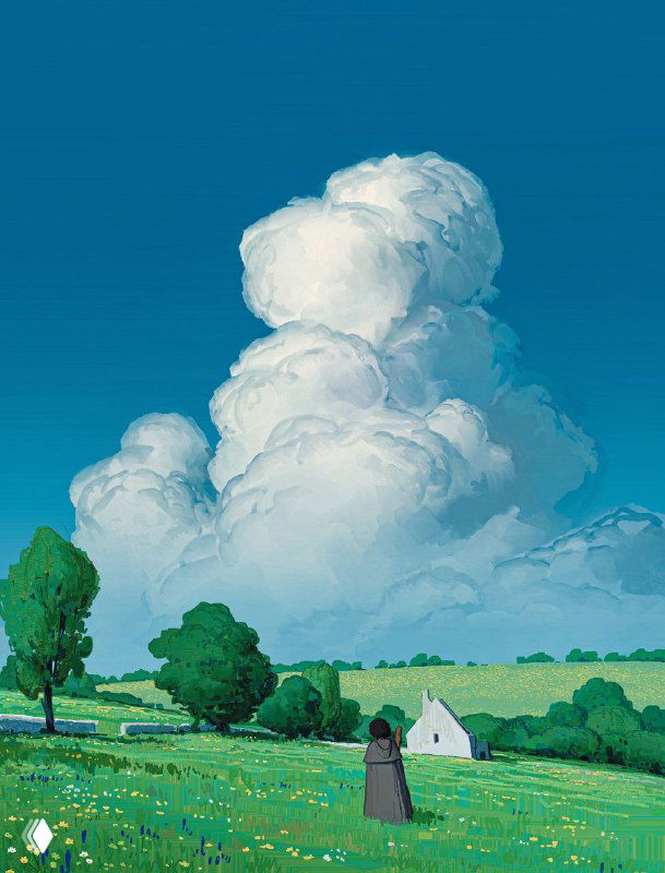 Иллюстрация Alariko: зелёное поле с большими пышными облаками и одинокой фигурой на переднем плане — пасторальная, мечтательная композиция.