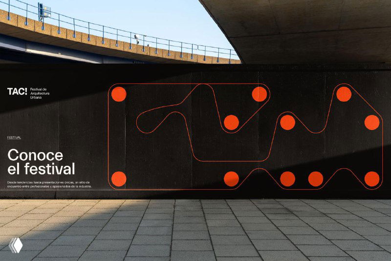 Рекламная панель под мостом: тёмный мотив кампании TAC с линиями и красными точками, пример масштабируемых макетов в урбанистическом окружении