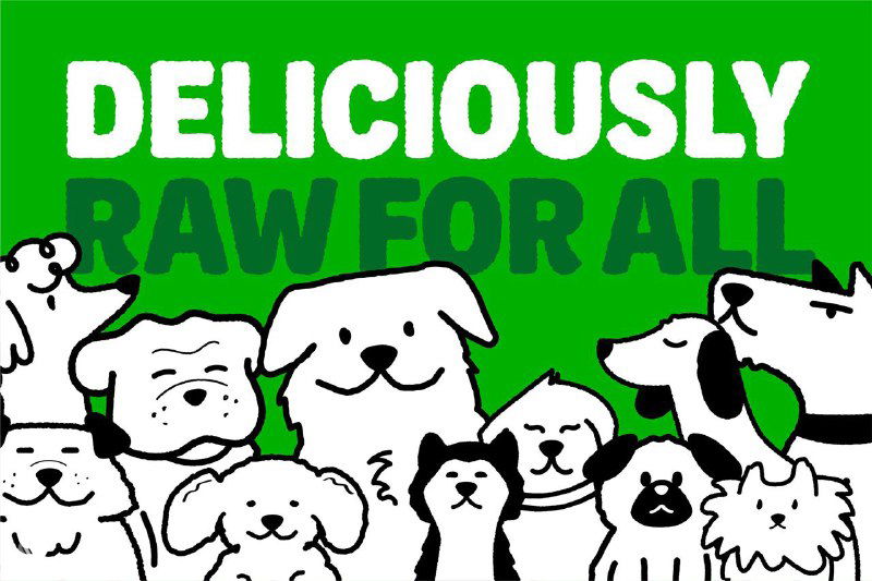 Иллюстративный баннер с белыми силуэтами собак на зелёном фоне и текстом «DELICIOUSLY RAW FOR ALL» в дружелюбной типографике, отражающей тон бренда.