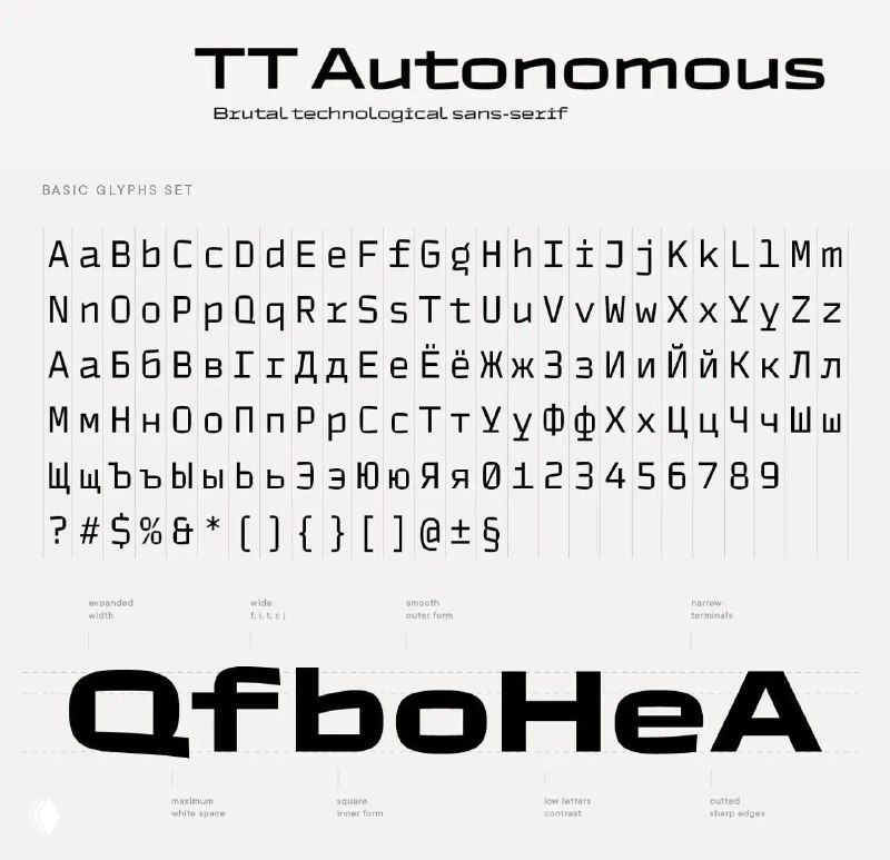 Таблица-образец шрифта TT Autonomous с латинскими и кириллическими глифами, примерами заголовков и наборами начертаний