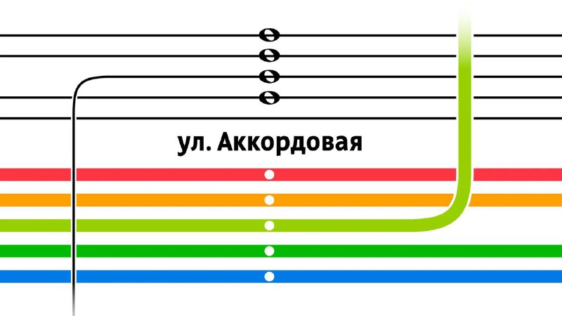 Фрагмент стилизованной транспортной схемы с разноцветными линиями, точками станций и подписью «ул. Аккордовая», иллюстрация к теме.