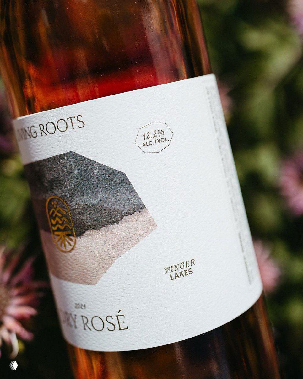 Крупный план бутылки Living Roots: фактурная белая этикетка с акварельным мотивом и отметкой 12.2% alc./vol., акцент на упаковке.