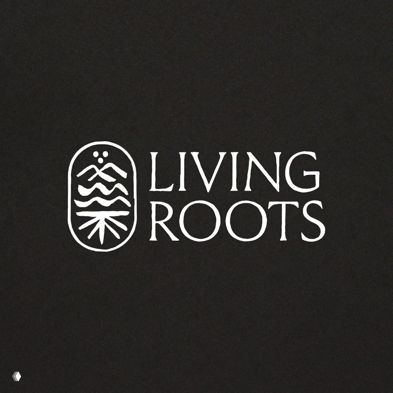 Контрастный логотип Living Roots белым на тёмном фоне: овальная эмблема с волнами и корнями рядом с чистой типографикой названия бренда.