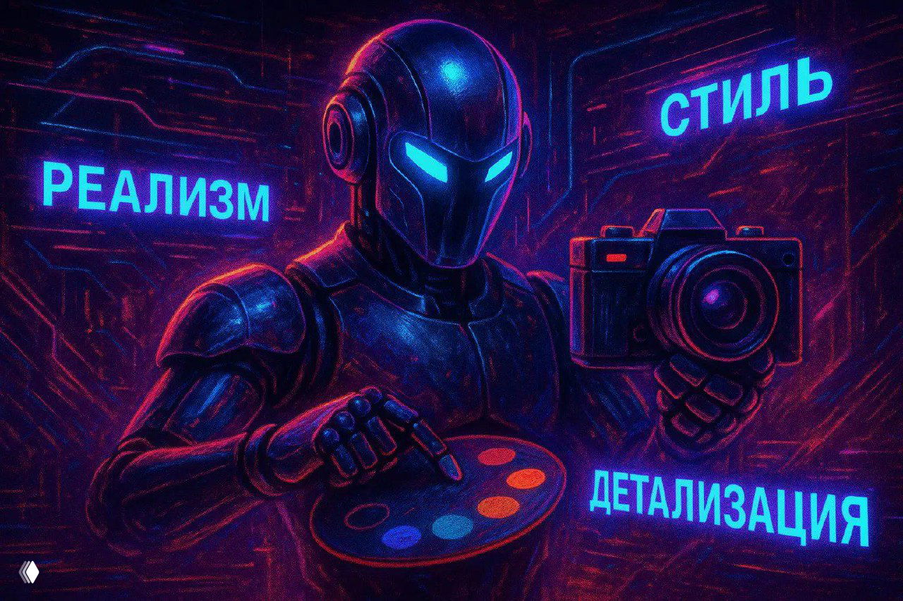 Неоновая цифровая иллюстрация: робот‑художник в шлеме держит палитру и фотоаппарат, на фоне слова «реализм», «стиль», «детализация».