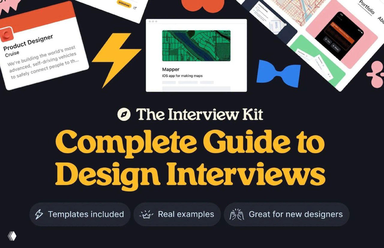Иллюстрация баннера 'Complete Guide to Design Interviews' с макетами интерфейсов, иконками и подписью, визуально подчёркивающая подборку советов по подготовке к UX‑собеседованию.