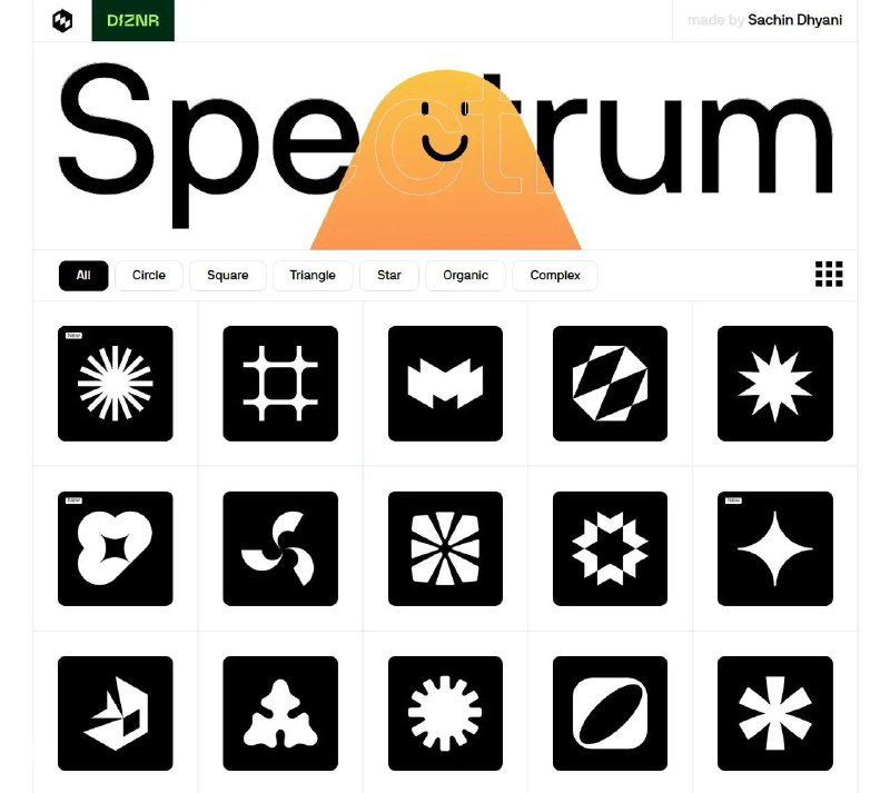 Превью страницы Spectrum: крупный заголовок с оранжевым геометрическим элементом и сетка черных квадратов, в каждом — белая векторная фигура-шейп.