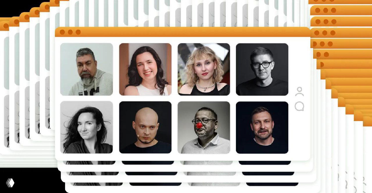 Коллаж портретов участников статьи о ребрендинге в стилизованном окне браузера — фотографии дизайнеров и арт‑директоров, расположенные в карточках на повторяющемся фоне интерфейса.
