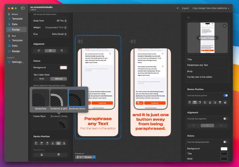 Скриншот интерфейса Screenshot Studio: рабочая область для создания скриншотов App Store с шаблонами и настройкой текста