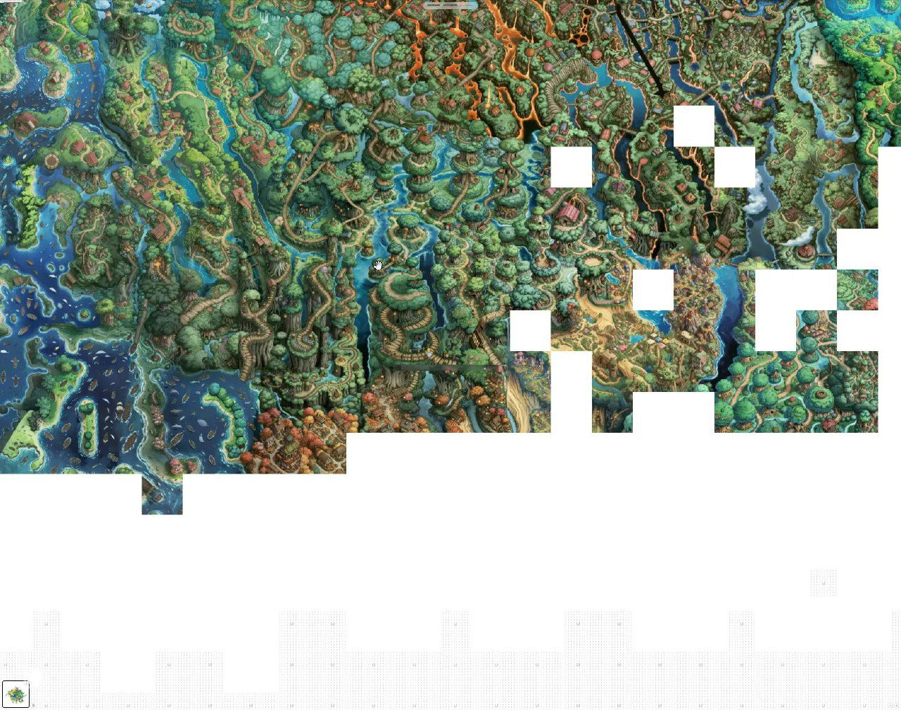 Фрагмент фэнтезийной карты на Infinite Canvas с детализованными лесами, реками и побережьями, видны пустые белые квадраты