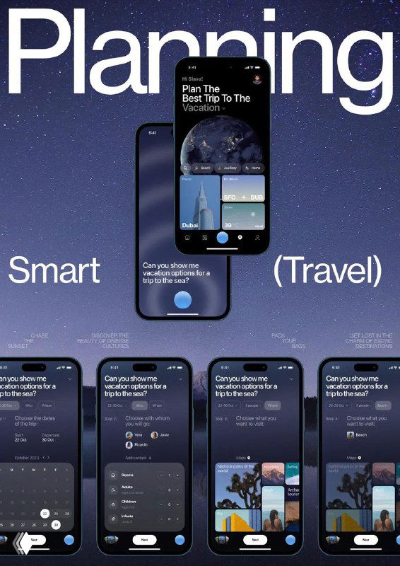 Макет экранов мобильного приложения AI Travel: тёмный эстетичный интерфейс для поиска билетов и бронирования номеров.