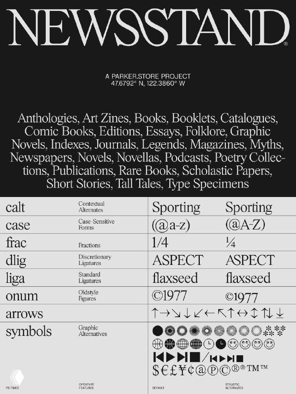 Превью семейства PS Times: тёмный постер с заголовком NEWSSTAND и образцами лигатур, засечек и таблицей символов шрифта в контексте типографики.