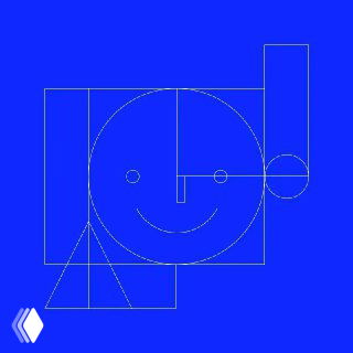 Синяя абстрактная графика: геометрические контуры и условное улыбающееся лицо; иллюстрация к заметке о дизайне.