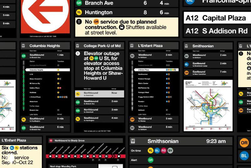 Пример эстетичной цифровой системы табло Вашингтонского метро: тёмные панели с расписанием, маршрутными значками и схемой