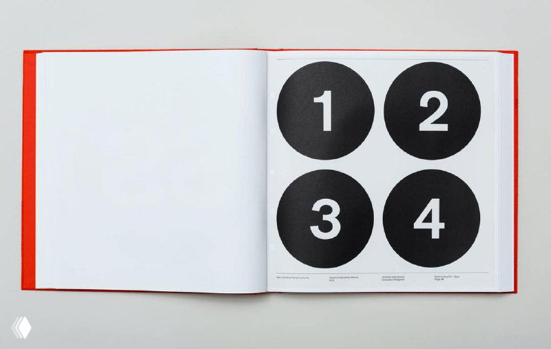 Разворот книги с четырьмя большими чёрными кругами, в каждом из которых белые цифры 1–4 — пример простых пиктограмм и знаков в гайдлайне.