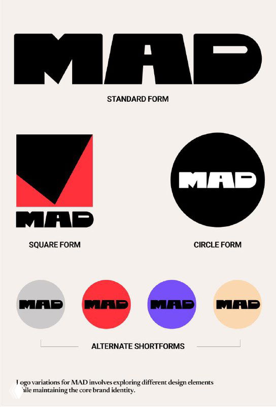 Лист с вариантами знака MAD: стандартная форма, квадратная и круглая версии, цветные коротформы на светлом фоне — система айдентики.