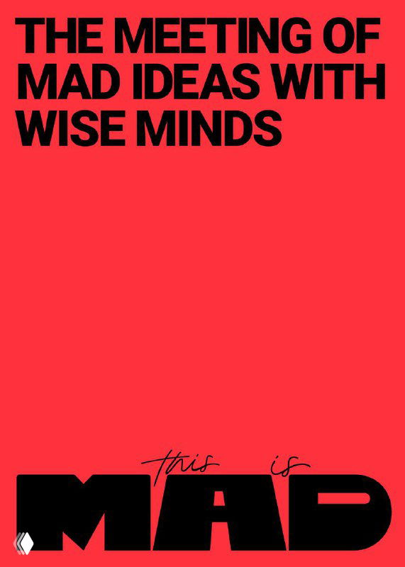 Плакат в красной палитре с крупным заголовком на английском и фирменной подписью MAD внизу, пример типографического подхода в айдентике.