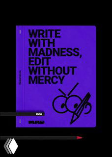 Черно‑фиолетовый макет блокнота с лозунгом «WRITE WITH MADNESS, EDIT WITHOUT MERCY» и изображением маскота, стикерная и рекламная графика.